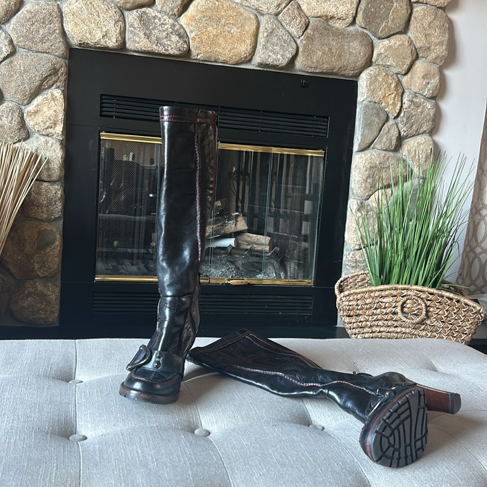 Manas Lea‎ Foscati Black Red Leather Knee High Heeled Boots